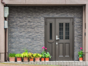 Gray front door in gray brick wall with green plants in a row on the left