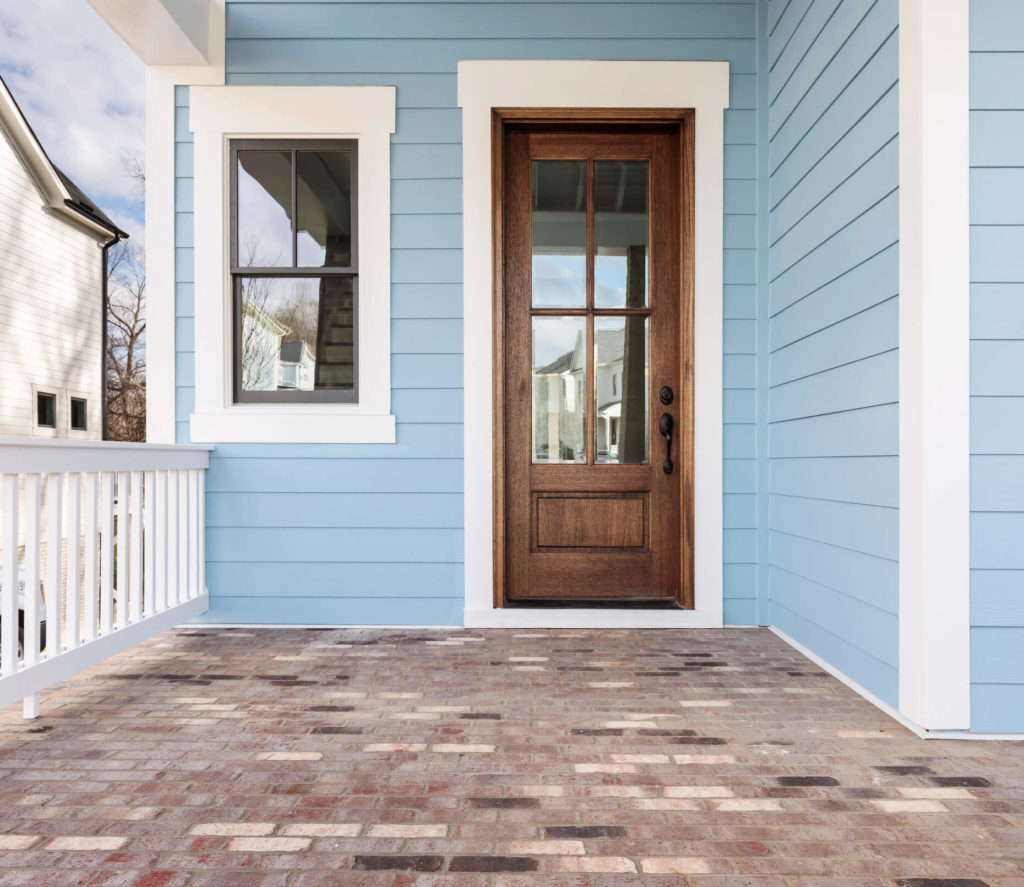 Front porch of a blue house