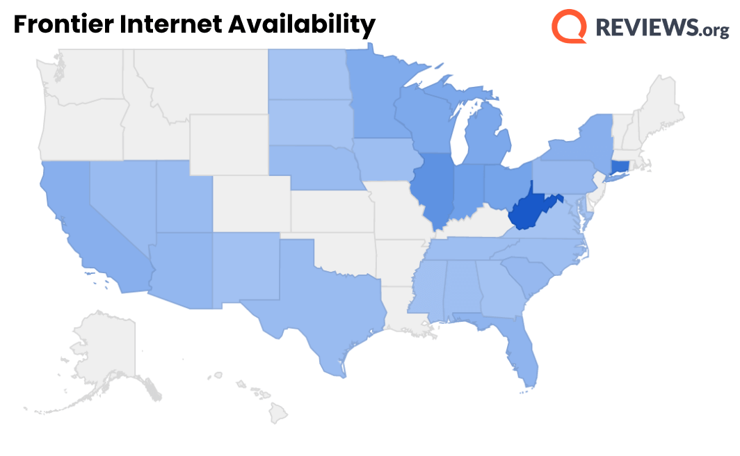 A map showing Frontier internet availability, mostly in the Midwest, Northeast, and Southwest