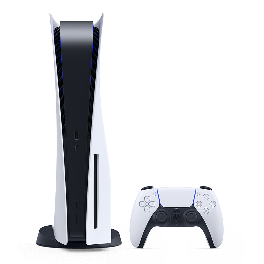 The black and white PlayStation 5 Console stands upright and comes with a disc drive