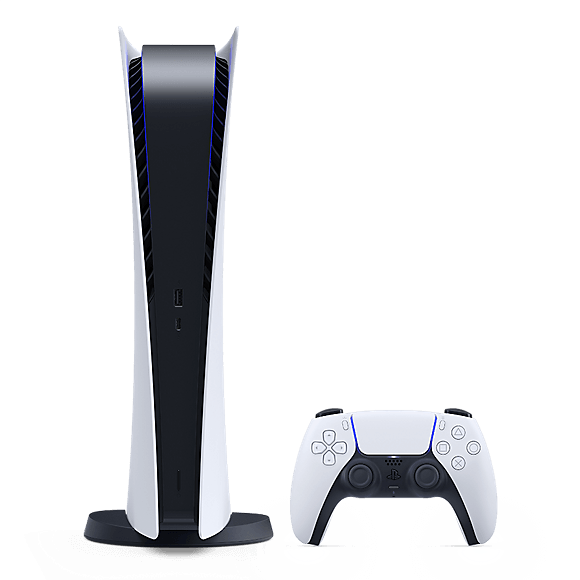 The black and white PlayStation 5 Digital Edition Console stands upright and doesn't feature a disc drive