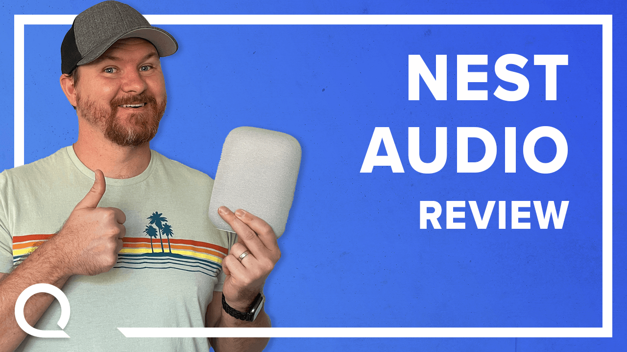 A man holding a Nest Audio next to text "Nest Audio Review"