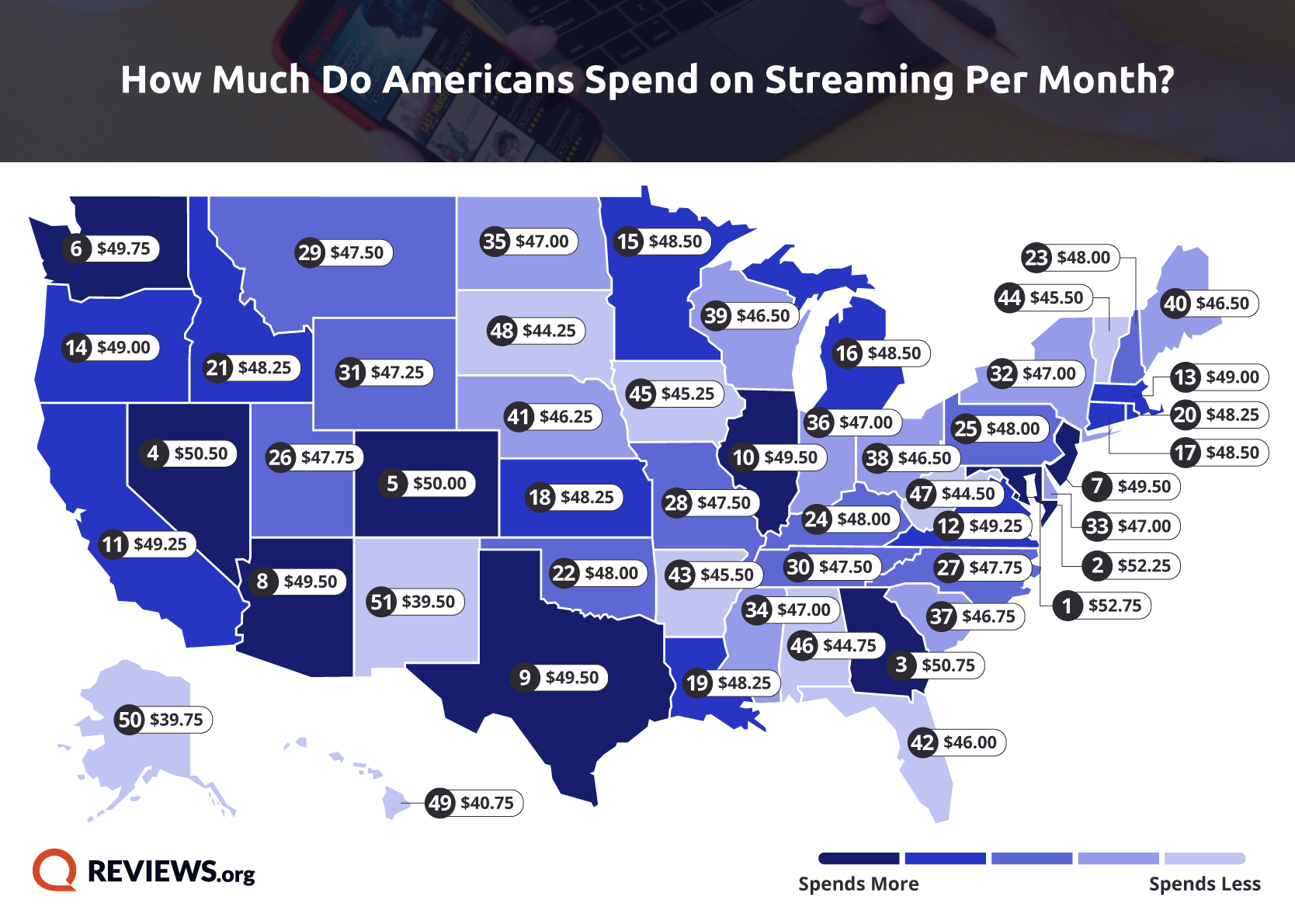 Map depicting monthly streaming spending by state.