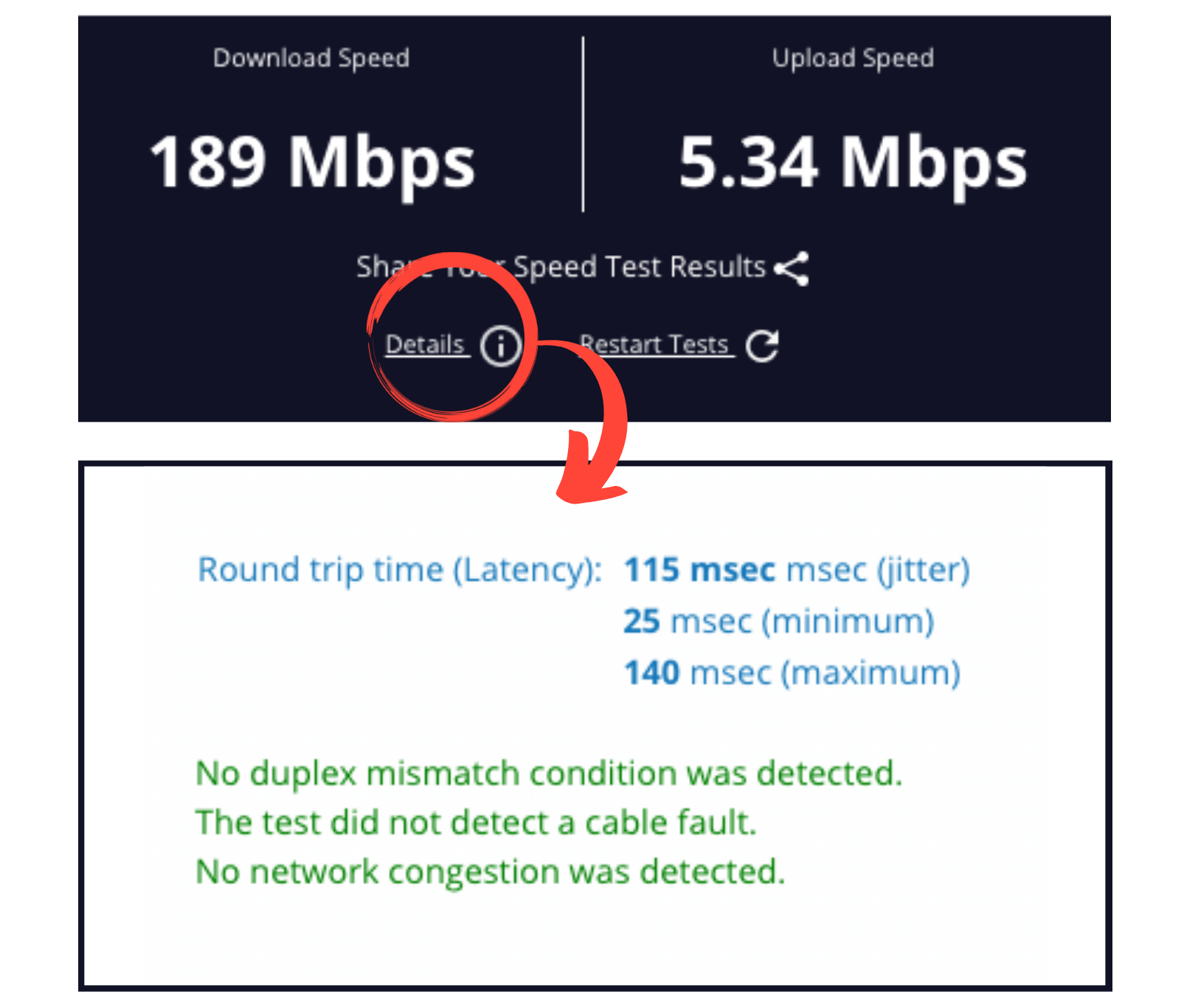 A screenshot showing where to find the Details link on your speed test results