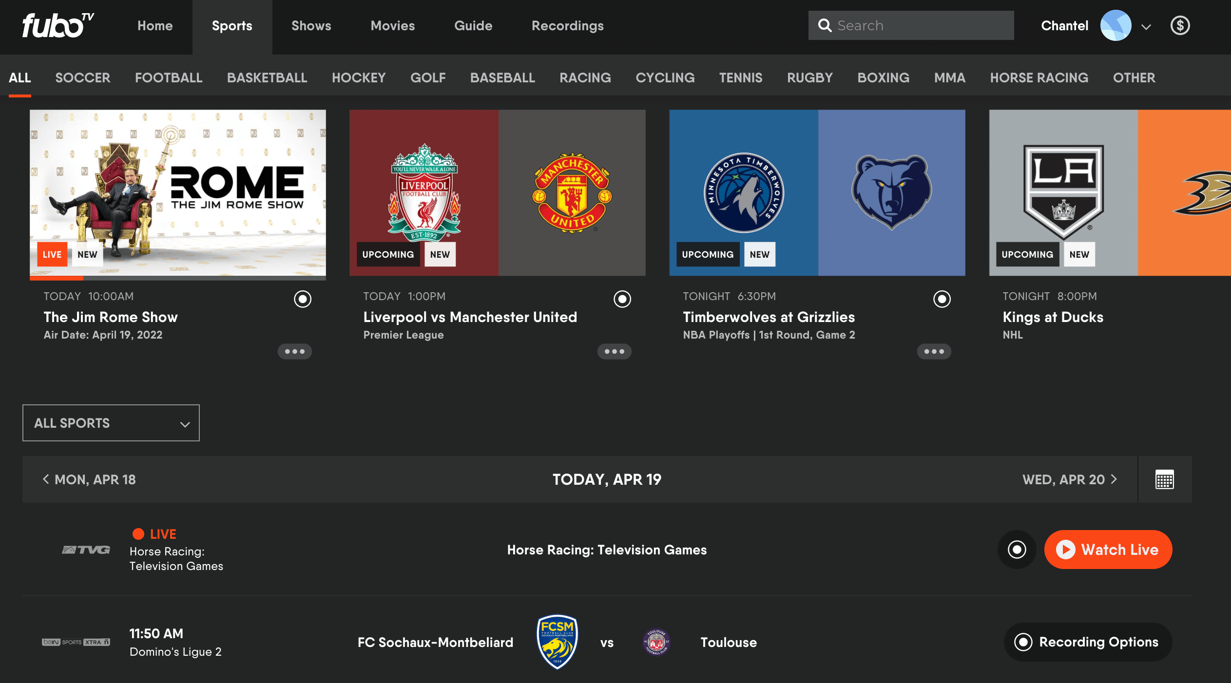 fuboTV sports tab April 2022