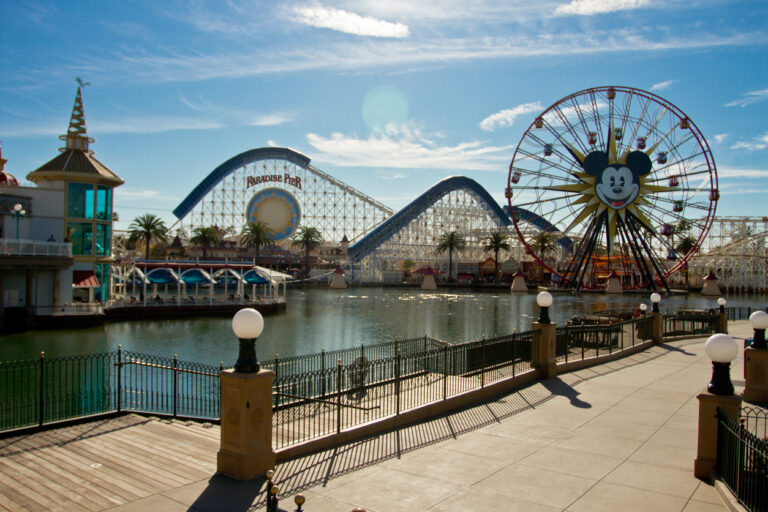 Anaheim, CA USA - February 4, 2012: The Disneyland california Adventure park shown here at night with different colors and different shows. On this night the park was celebrating the opening of a new section call Carsland which features many different animated cartoon from the movie cars.