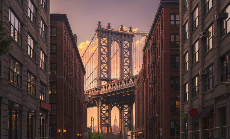 A view of the Brooklyn Bridge and surrounding buildings in Brooklyn’s Dumbo neighborhood.