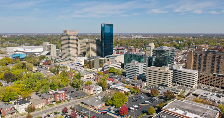 Aerial shot of Downtown Lexington, taken by a drone on a sunny Fall day in Kentucky.