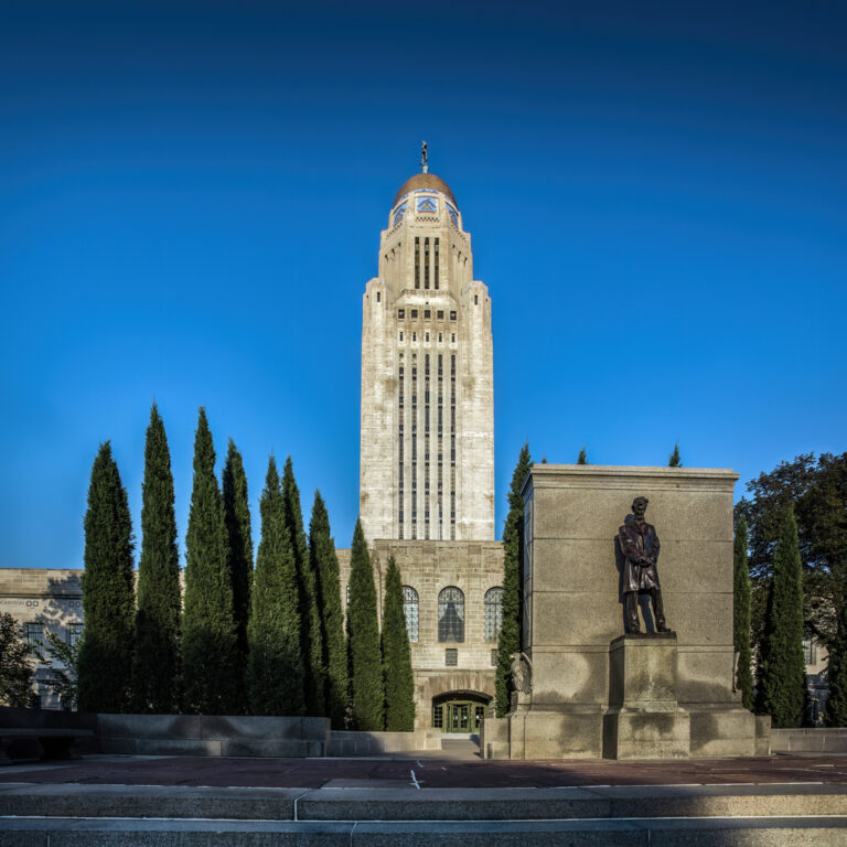 Nebraska state capitol building in Lincoln on a beautiful mid-summer afternoon