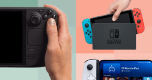 Graphic of various handheld gaming devices including the Steam Deck, Nintendo Switch and Backbone One