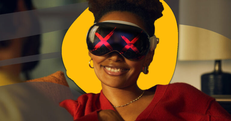 Vision Pro on a woman, eyes crossed out in red