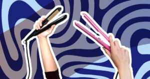 two hair straighteners in hands on a dual blue toned wavy groovy background