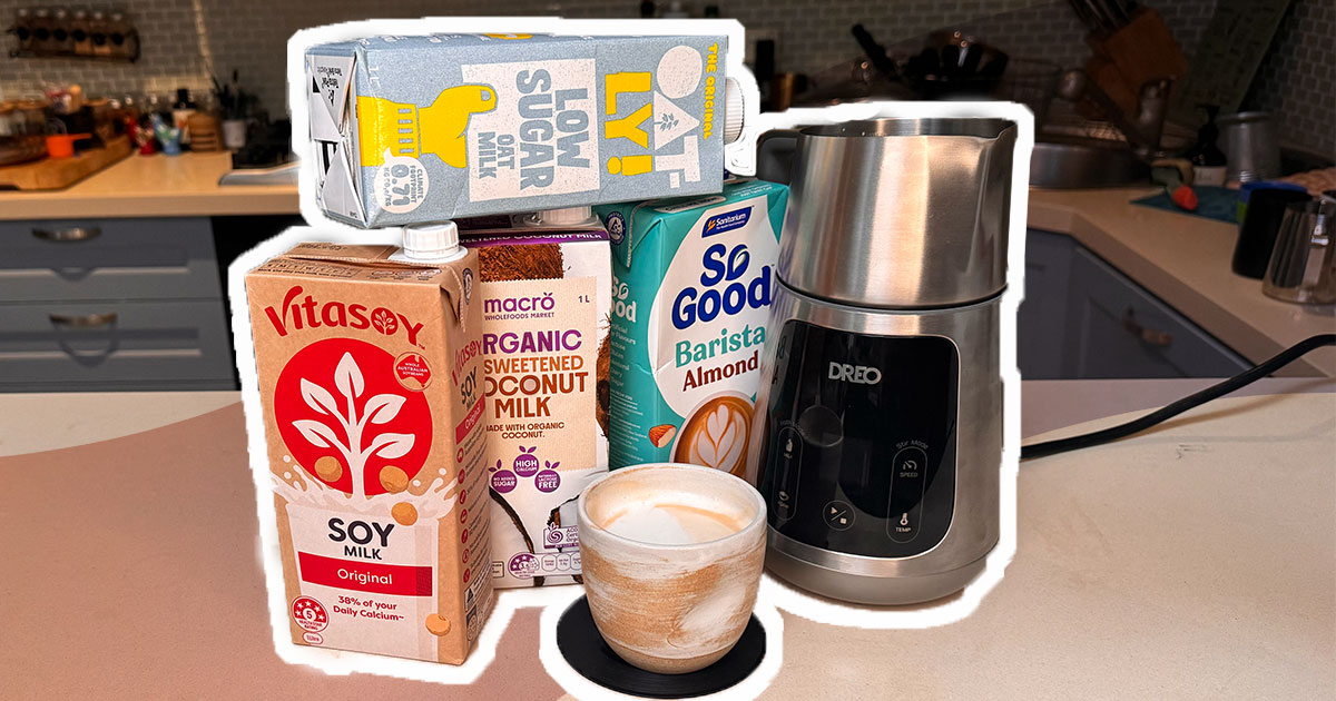 Dreo baristamaker frother with a bunch of plantbased milks