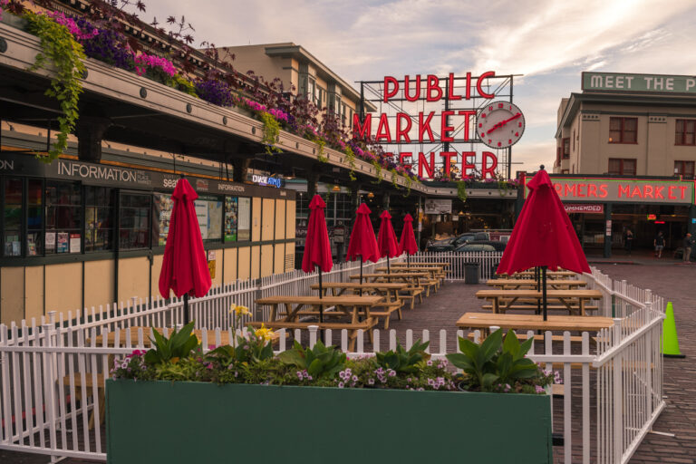 Seattle, USA - Aug 10th 2021: Pike Place Public Market just before sunset.