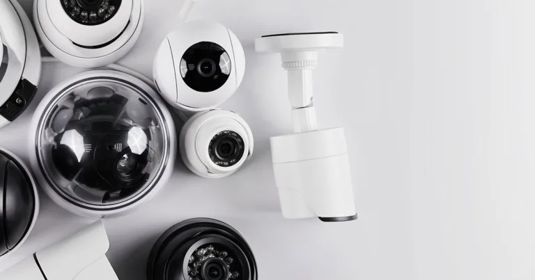 bunch of white security cameras on a white background